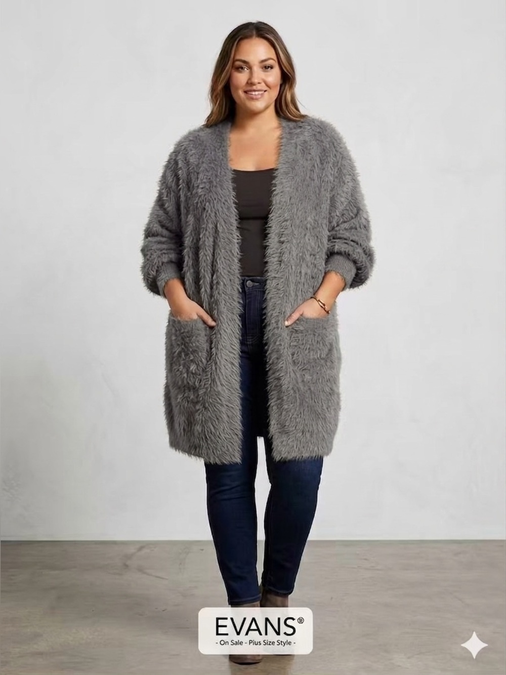 Evans Cardi Melani Feather Women’s Plus UK 18/ US 2X Green Moss Fuzzy Cardigan